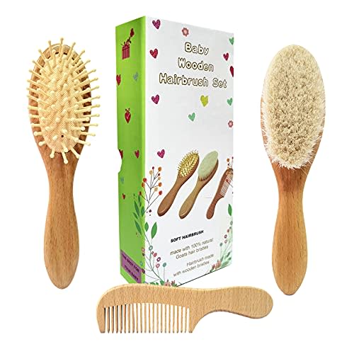 3 Piece Baby Hair Brush and Comb Set | Natural Wooden Hairbrush, Soft Goat Bristles, For Cradle Cap, Scalp Grooming Product