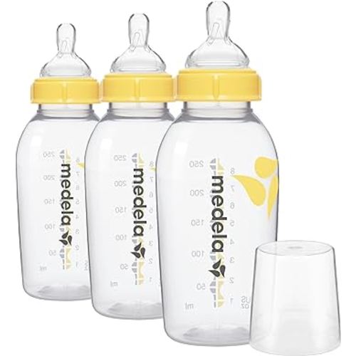 Medela Breast Milk Storage Bottles, 3 Pack of 8 Ounce Breastfeeding Bottles with Nipples, Lids, Wide Base Collars, and Travel Caps, Made Without BPA