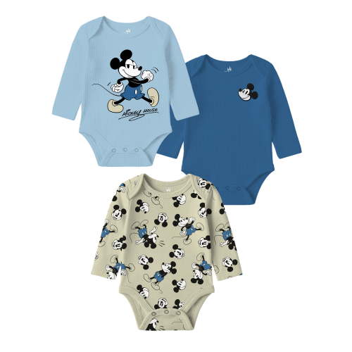Mickey Mouse Baby Boy 3 Pack Long Sleeve Bodysuit, Size 0-24 Months