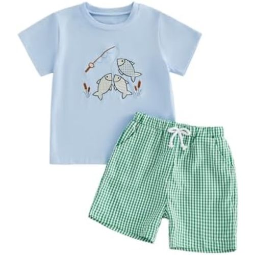 PUHHAPIEY Toddler Baby Boy Back to School Outfit 12 18 24 Months 2T 3T 4T Clothes Short Sleeve Apple Shirts + Plaid Shorts