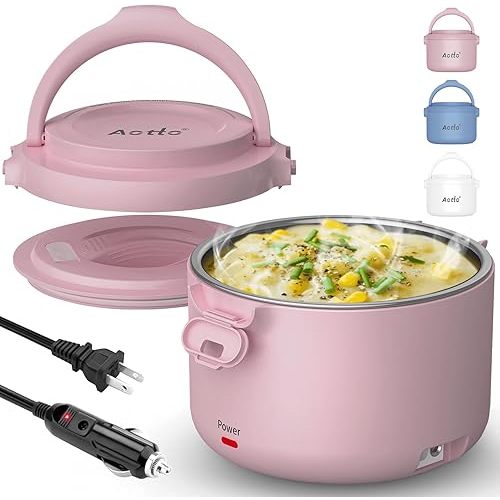 Aotto Electric Lunch Box, 32 oz Portable Food Warmer Heater, Lunch Warmer Portable for Work/Office/Car/Travel 12V/24V/110V 3-in-1, Warming Soup & Meal, Spill-Free, Men & Women's Gifts, Pink