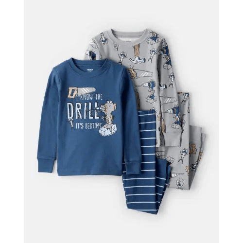 Baby Boy Construction Print 100% Cotton Long-Sleeve Snug Fit 4-Piece Pajamas - Blue/Grey | Carter's