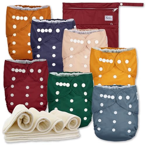 Nora's Nursery AWJ Cloth Diapers 7 Pack with 1 Wet Bag - Waterproof Cover, Washable, Reusable & One Size Adjustable Pocket Diapers for Newborns and Toddlers - Pacific Neutrals