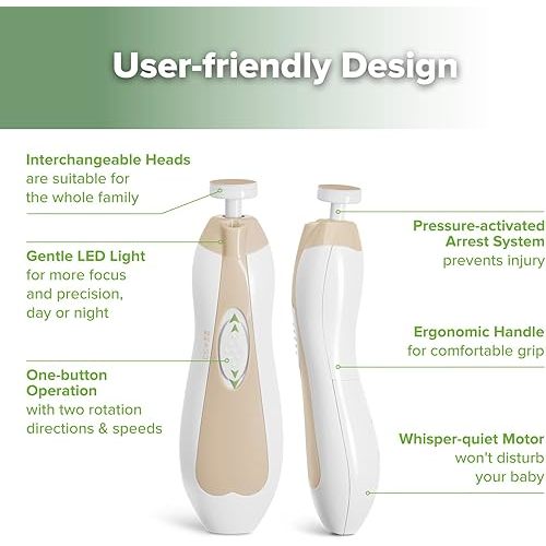haakaa Baby Nail Care Electric Baby Nail File Kit with LED Light, Baby Nail Clippers for Newborn/Infants/Adults Toenails and Fingernails, 6 Replacement Heads & Storage Case, Acorn