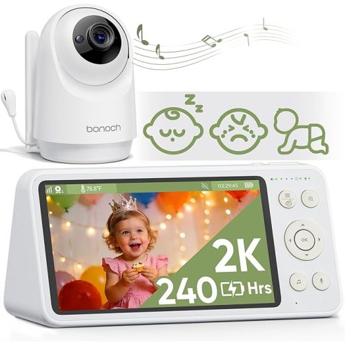 bonoch 1440p 5.5" Baby Monitor No WiFi, 240h Battery Video Monitor with Camera and Audio, Crying/Motion/Turnover Detect Smart Baby Camera, 1600ft Long Range, Hack Proof, Night Vision, White Noise