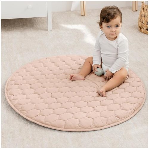 Comfy Cubs Round Kids Play Mat - Small 36 inches Soft Quilted Baby Floor Mat with Non-Slip Bottom - Plush Design for Toddlers' Playtime - Comfortable and Durable - Blush