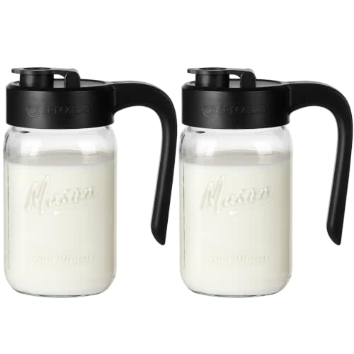 Mason Jar Pitcher, 2 pcs 32 oz (1 quart), Glass Pitcher with Lid | Airtight, Leak proof, Ergonomic Handle, Pour Spout Lid, Fridge Safe, for Sun Tea, Iced Tea, Cold Brew, Lemonade, Outside