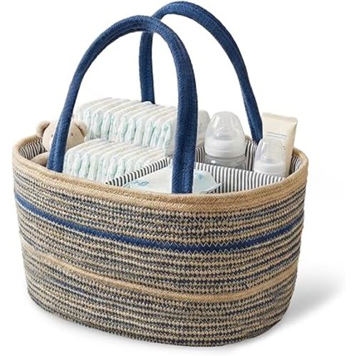 Sapphire Blue Diaper Caddy Organizer, Baby Basket, Baby Caddy Nursery Storage Organizer, Shower Gifts for Newborn, Hand Woven Crafted (Brown&Blue),14.2"x 8.7"x7.1”