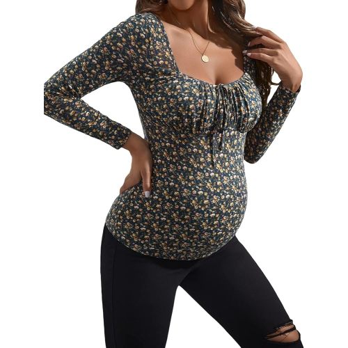 MakeMeChic Women's Maternity Shirt Floral Long Sleeve Sweetheart Neck Pregnancy Fitted Tee Top