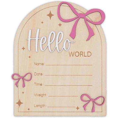 Hello World Baby Birth Stats Sign Wooden Keepsake with Pink Bow, Newborn Photo Prop, Nursery Decor, Baby Shower (Pink)