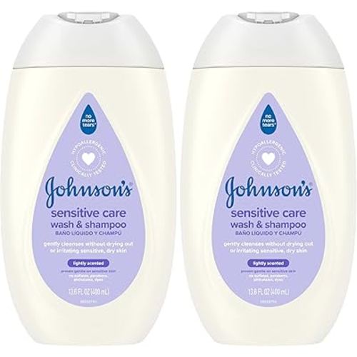 Johnson's Baby Sensitive Care Baby Body Wash & Shampoo, Daily Moisturizing 2-in-1 Baby Wash & Shampoo to Gently Cleanse Dry, Sensitive Skin, Lightly Scented, Tear-Free, Hypoallergenic, 13.6 fl. oz