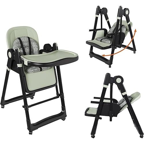 Foldable High Chair for Babies and Toddlers, Portable Baby Swings for Infants, Baby High Chair with Wheels, Adjustable Backrest, Footrest, Tray, Seat Height, PU Cushion, 5-Point Harness, White