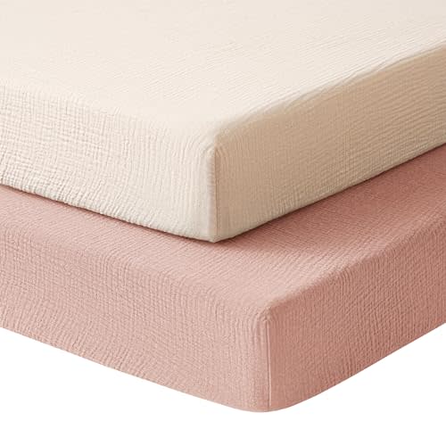 Konssy Muslin Mini Crib Sheets, 100% Soft Cotton Pack and Play Sheets for Pack N Play Mattress, Playard Baby Crib Sheets for Baby Girls (Pink, Cream)