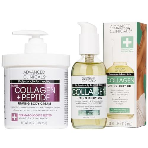 Advanced Clinicals Collagen Peptides Firming Body Lotion Face Cream + Collagen Body Oil Moisturizer 2PC Skin Care Set For Women & Men | Skin Tightening Dry Skin Moisturizing Cream & Massage Oil, 2PC