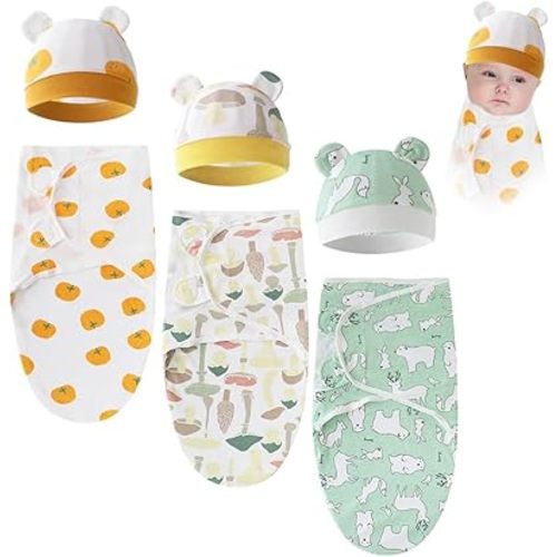 3 Sets Baby Swaddle Sleep Sack with Hat Set, Soft Baby Swaddling Blankets Cute Swaddling Blankets for 0-3 Months