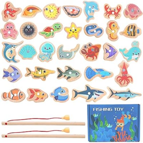 ONEST 34 Pieces Magnetic Fishing Game for Kids Wooden Magnet Fishing Game Wooden Magnetic Toys for Kindergarten Preschool Girl Boy