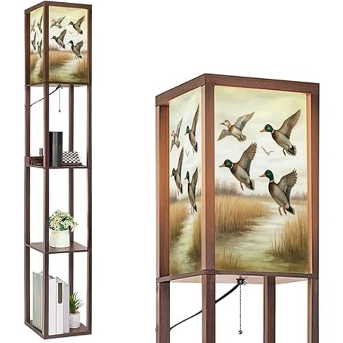 Floor Lamp with Shelves Vintage Fishing Hunting Mallard Duck Rustic Farmhouse Ducks Birds Standing Tall Lamp USB Ports & Power Outlet Modern Corner Lamp Nightstand Light for Living Room Bedroom