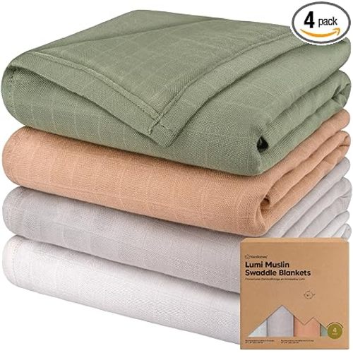 4-Pack Muslin Swaddle Blankets for Boys, Girls - Organic Baby Swaddles for Newborns, Soft & Breathable Receiving Baby Blankets for Girl, Boy, Neutral, Newborn Essentials Gift (Pine)