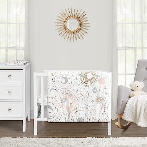 Sweet Jojo Designs Blush Pink Gold Star and Moon Girl Baby Mini Crib Bedding Set for Infant Nursery Room Newborn Blanket and Portable Pack n Play Sheets 3pc Grey Celestial Sky Stars Gray Shabby Chic