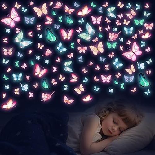 128 Stickers/6 Pieces Wall Decals for Girls Bedroom,Glow in The Dark Stickers,Butterfly Wall Decals - Blue & Pink Glowing Decor for Bedroom, Party Decor, Kids Room,Living Room(Detachable)