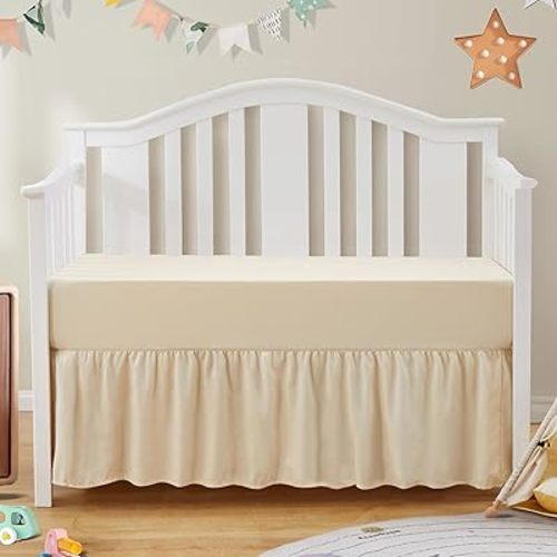 SiinvdaBZX 2-Piece Set Ruffled Crib Skirt & Soft Microfiber Fitted Crib Sheet, 52"x28" + Adjustable Elastic 14" Drop, Fit for Baby Standard Crib & Nursery Toddler Bedding (Cream)