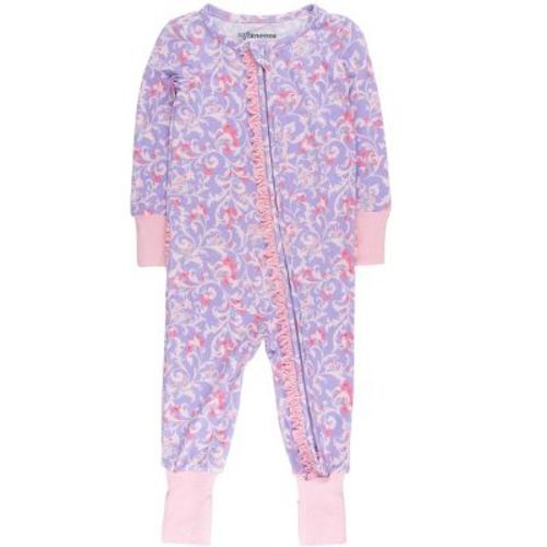 RuffleButts Baby Girls Viscose from Bamboo Convertible Ruffle One Piece Pajama - Lavender Enchanted Flowers, 3-6m