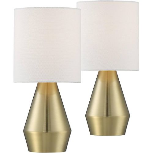 360 Lighting Marty Modern Accent Table Lamps 14 3/4" High Set of 2 Brass Metal White Cylinder Shade for Bedroom Bedside Nightstand Office Kids House
