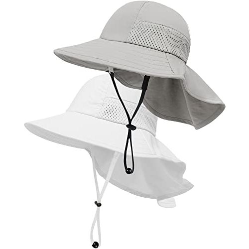 2-Pack Toddler Baby Sun Hat Kids Summer UPF 50+ for Boys Girls Adjustable Beach Hats with Bucket Wide Brim Age 1-7 Years(Grey+White,Small)