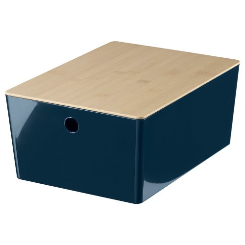 KUGGIS Box with lid - black-blue/bamboo 10 ¼x13 ¾x6 "
