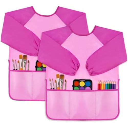 DaiUni 2 Pack Kids Art Smock, Toddler Paint Smock Painting Apron (Pink)