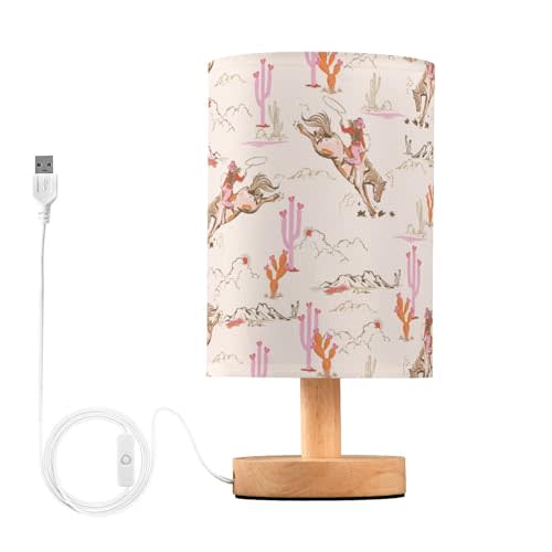 GOODOLD Cute Rodeo Cowgirl LED Table Lamp - Modern Minimalist Bedside Lamp with Round Flaxen Fabric Shade for Nightstand, Perfect for Bedroom Ambiance