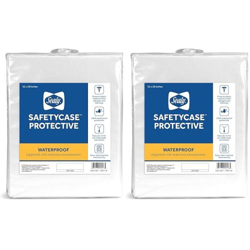 Sealy Baby SafetyCase Protective Waterproof Fitted Zippered Infant Crib Mattress Protector Pad and Toddler Bed Cover Encasement, Bug and Allergy Protection, Machine Washable, 52” x 28”- White