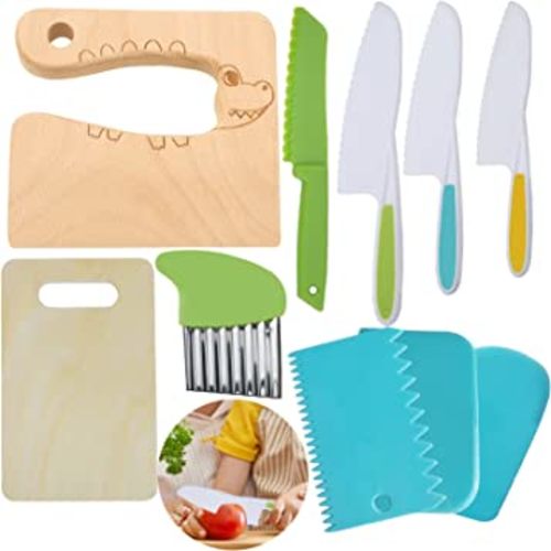 KOLODOGO 10 Pieces Wooden Kids Kitchen Knife Set, Include Wood Kids Knife Plastic Potato Slicers Cooking Knives Children's Safe Knifes Cake Scraper Kids Cute Rectangle Cutting Board