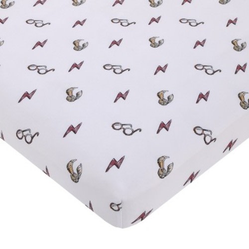 NoJo Warner Bros. Harry Potter White, Red, and Gold Lightning Bolt, Golden Snitch and Glasses Nursery Fitted Mini Crib Sheet