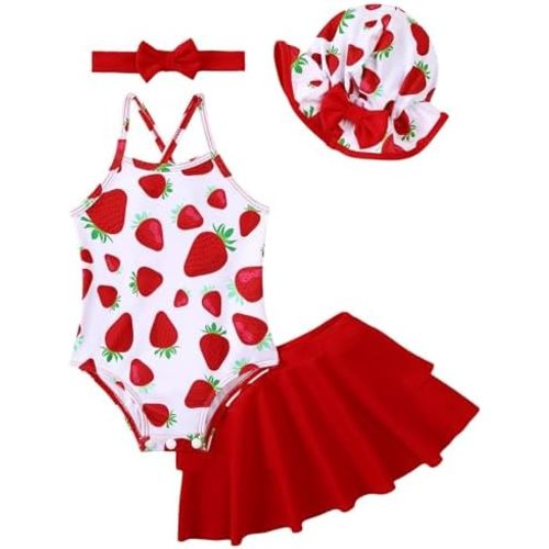 Renotemy Baby Girl Swimsuit Toddler One-Piece Bathing Suit with Skirt&Hat Bikini Beach Pool Swimwear for Infant Girls 3M-3Y