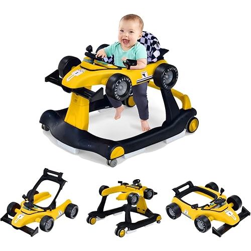 GLACER Foldable Baby Walker, 4-in-1 Infant Walker with Adjustable Height & Speed, Music, Light, Steering Wheel & Washable Cushion, Baby Walker Activity Center for Boys Girls 6 –18 Months (Yellow)