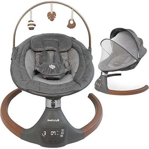 Jool Baby Nova Swing for Newborns - Electric Motorized Infant Swing, Bluetooth Music, 10 Preset Melodies, Remote (Wood/Slate)