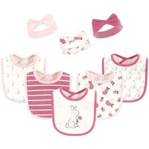 Hudson Baby Infant Girls Cotton Bib and Headband or Caps Set 8pk, Pink Bunny, One Size