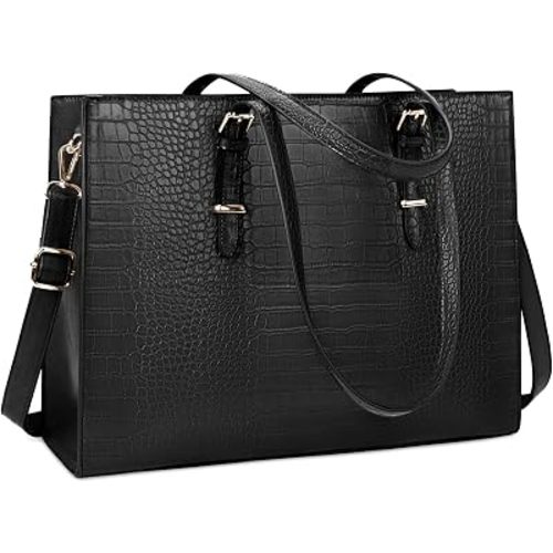 Laptop Bag for Women 15.6 Inch Crocodile Leather Tote Bag Water-resistant Work Briefcase Business Computer Shoulder Bag for Travel Teacher Nurse Professional Handbag,Black