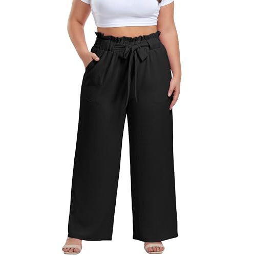 OLRIK Women's Plus Size Pants Adjustable High Waist Wide Leg Palazzo Casual Trousers with Pockets Spring Clothes
