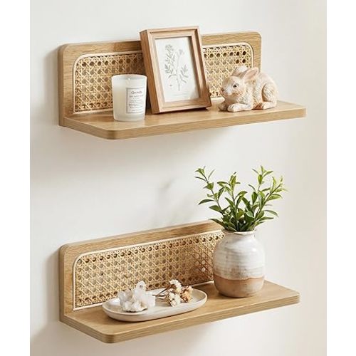 Rattan Wall Shelf Boho Floating Shelves Wall Decor Wood Decorative Shelving Living Room Bedroom Coffee Bar Bathroom Plant Photo 16inch