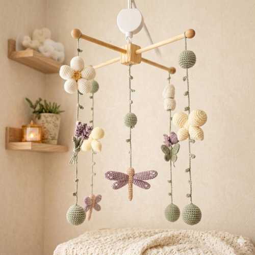 Crochet Crib Mobile with Flowers & Dragonfly, Neutral Boho Decor, Baby Shower Gift