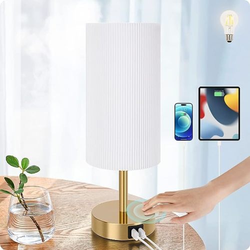 Yarra-Decor Bedside Table Lamp with USB Port - Touch Control for Bedroom 3 Way Dimmable Nightstand Lamp with Flaxen Fabric Shade for Living Room, Dorm, Home Office, Wood-Grain (LED Bulb Included)