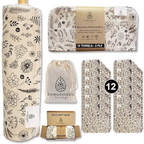 Reusable Paper Towels with Cotton Wash Bag | Ginger Beige 12 x Washable Eco Friendly Paper Towels, Napkins Cloth Kitchen Washable Reusable Paper Towel Roll
