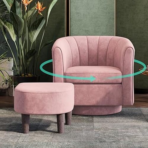 LINSY Swivel Accent Chair Ottoman Set: Velvet Small Barrel Chair with Foot Rest, Modern Reading Chair Upholstered Armchair with Footrest for Living Room Bedroom Study Room Office (Pink)