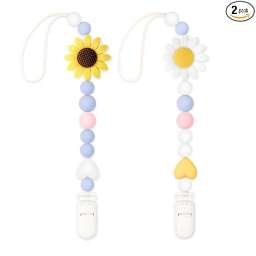 LSTRAGY Silicone Pacifier Clip, 2 Pack Pacifier Holder for Boys and Girls, Adorable Sunflower Pacifier Clips Fits for Most Pacifier, Baby Teethers, Baby Shower and Baby Gift(White&Yellow)
