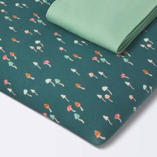 Fitted Jersey Play Yard Crib Sheet - Mushroom/Solid Green - 2pk - Cloud Island™