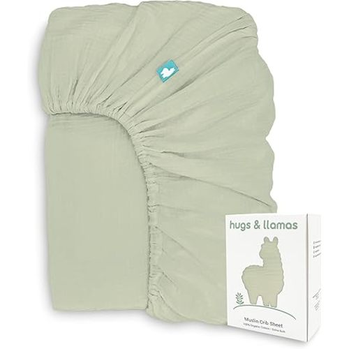 Hugs & Llamas | 100% Organic Cotton Muslin Fitted Crib Sheet | Baby Crib Sheets for Boys & Girls | Neutral (Organic Olive)
