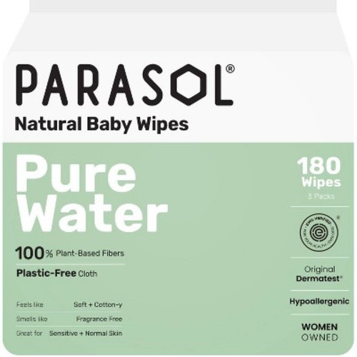 Parasol 99% Pure Water Baby Wipes for Sensitive Skin - 3 Packs - 180ct: Pop-Up Dispenser, Latex-Free, Hypoallergenic
