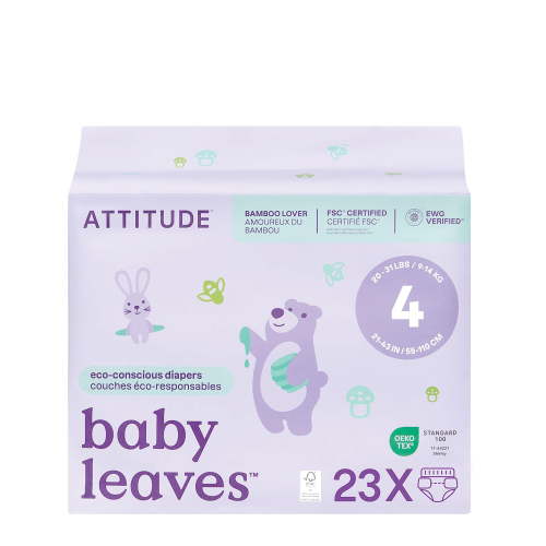 ATTITUDE Eco-Conscious Disposable Diapers, EWG Verified, Size 4 (20-31 lbs), Ultra Absorbent for Baby, Vegan & Plant-Based, 23 Count